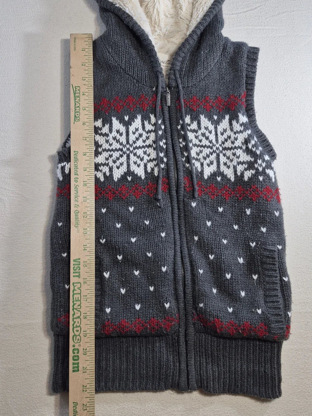 Aeropostale Gray Hooded Zip-Up Sweater Vest with White Snowflake and Red Accents